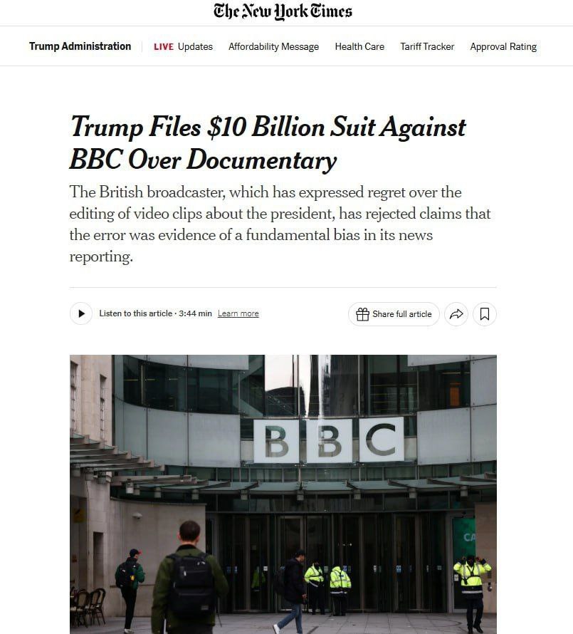 По сообщению The New York Times, Трамп подал иск против BBC на 10 миллиардов долларов из-за документального фильма